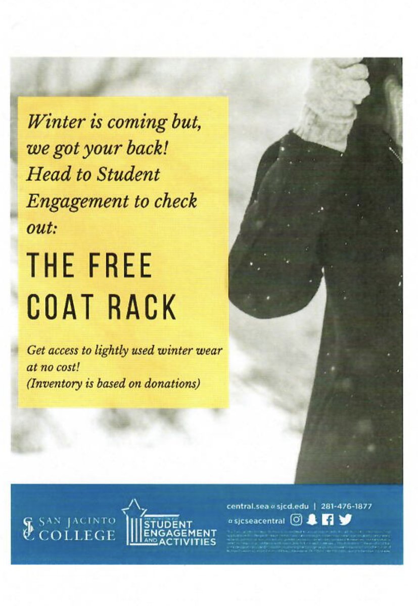 As winter is coming to an end, to those who aren't aware or interested. SJCC-Central campus offers a coat closet! looking for a jacket for free? Req: Fill out a form in the SEA office which is located in Bldg C14.100. We do take donations as well! Have a great week everyone!😄