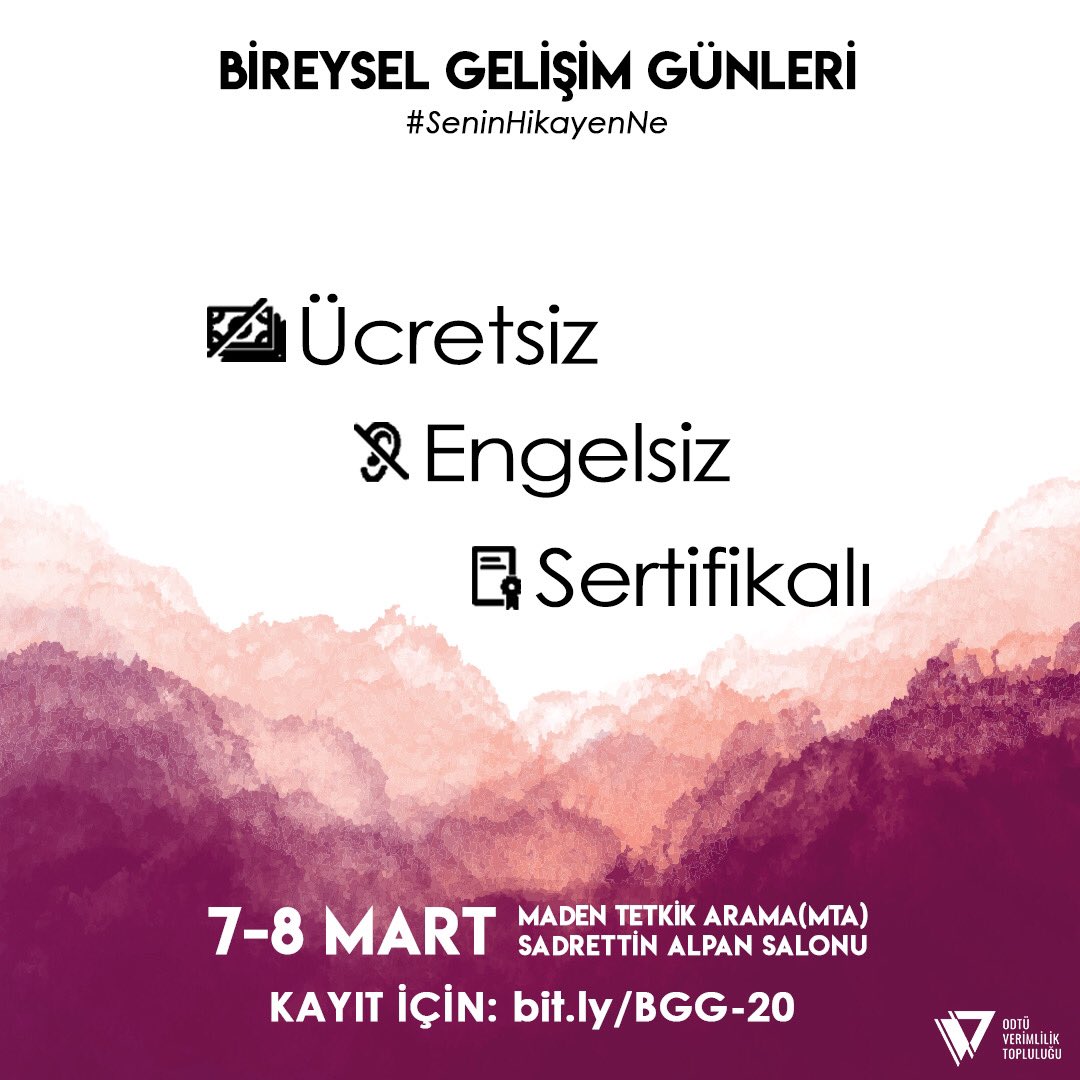 7-8 Mart’ta gerçekleştireceğimiz Bireysel Gelişim Günleri etkinliğimiz tamamen ücretsiz, engelsiz ve sertifikalı!
*11 oturumdan 9’una katılan katılımcılarımıza sertifikaları online olarak gönderilecektir.