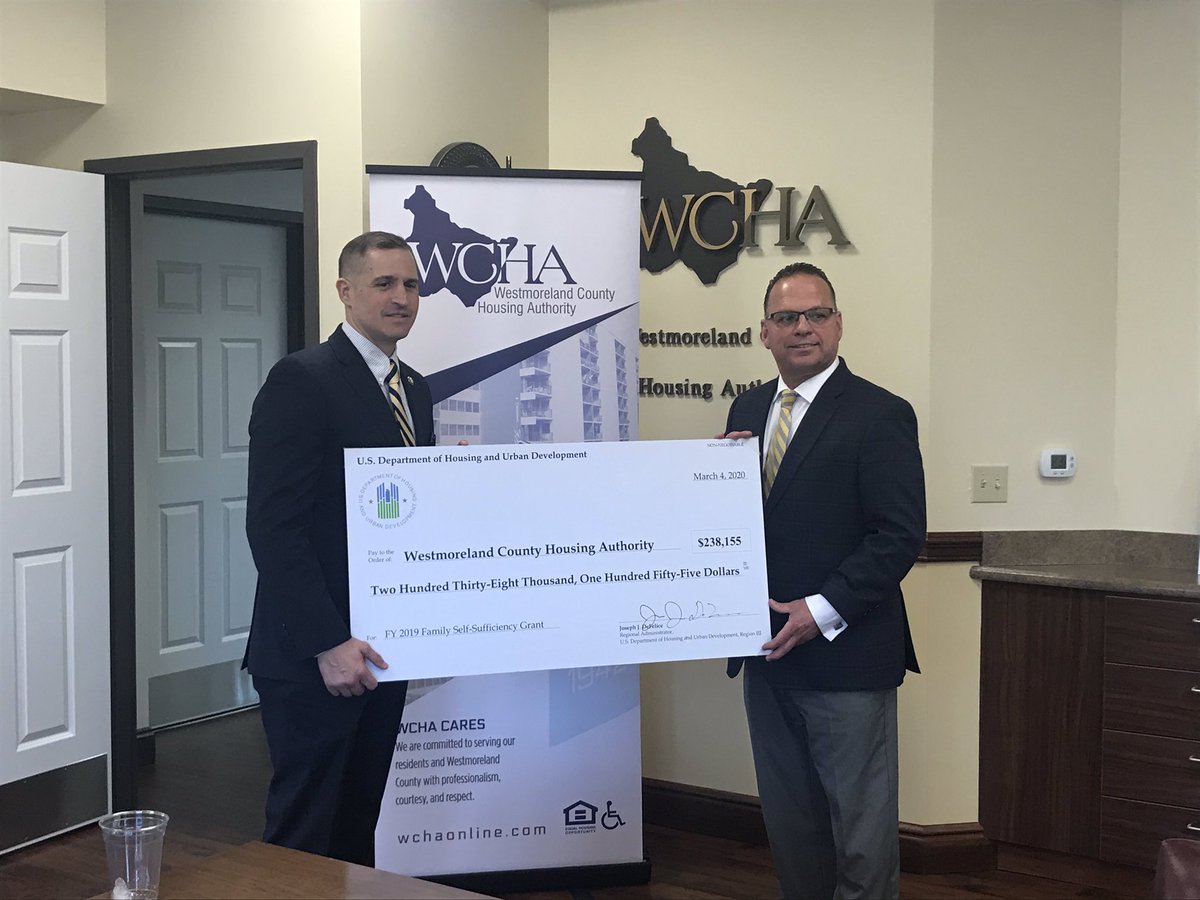 JoeDeFeliceHUD's tweet photo. Westmoreland County Housing Auths work on self sufficiency is 2nd to none/as good as I have seen in @HUDMidAtlantic Today we were happy to present them a check for $238K to continue their work to break generational poverty & help residents grad from pub housing #SWPA2020 #HUDR3 https://t.co/NeB64T0dg7