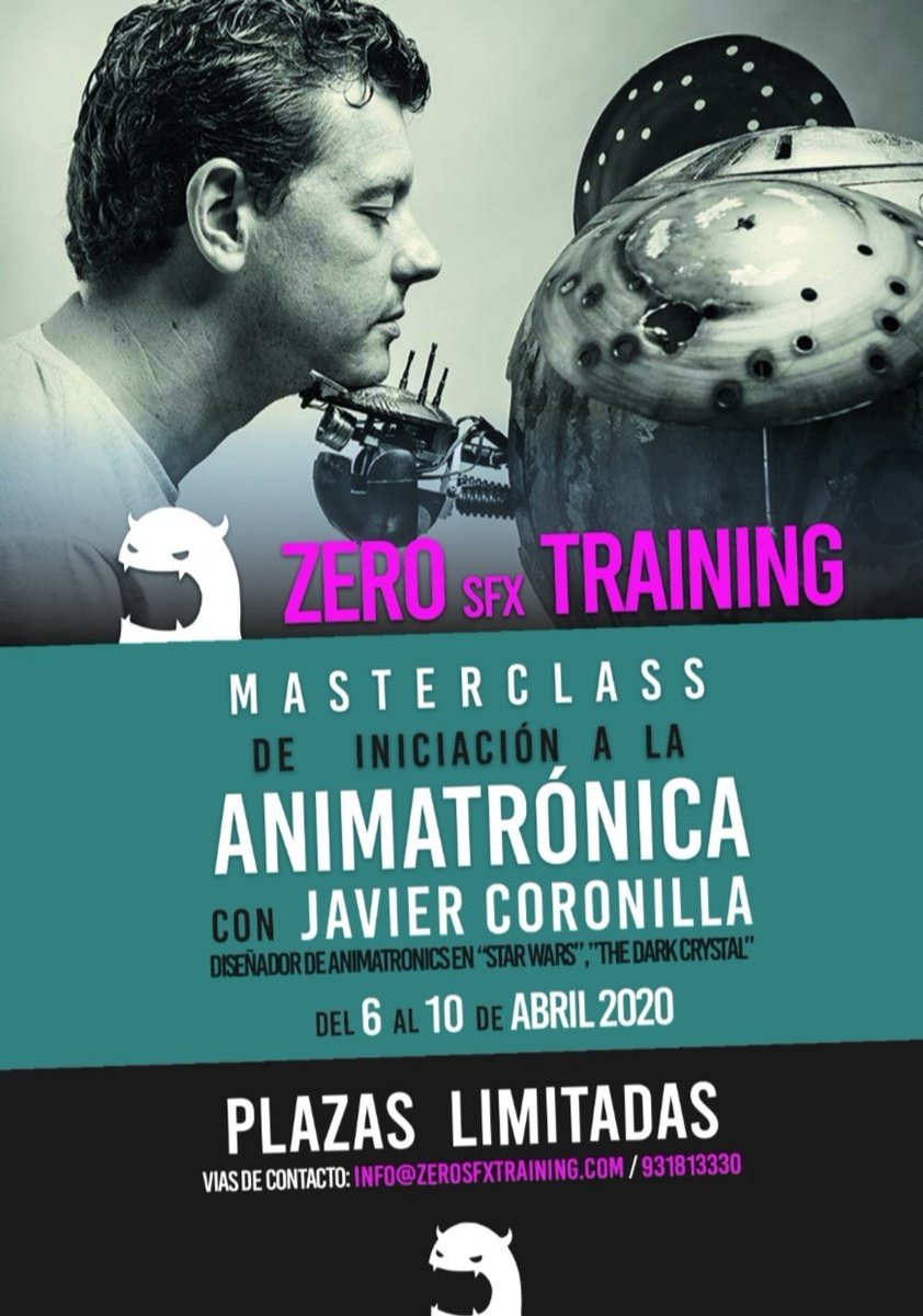 ZeroSFXTraining's tweet photo. Abrimos plazo de inscripción para la masterclass de iniciación a la ANIMATRÓNICA. Un recorrido por todo el mundo de los personajes animatrónicos para cine. Construye un mecanismo ocular sobredimensionado. --- Del 6 al 10 de Abril (Semana Santa) Más info https://t.co/AsIUOdjeQ3 https://t.co/sji28zJSKj