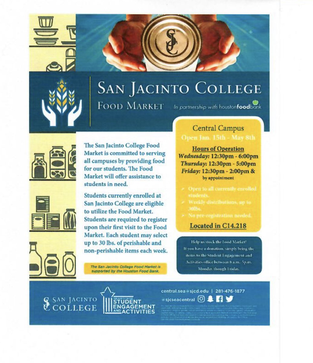 Hello everyone! We hope your day is going great! Provided below is information about our food market here on SJCC-central campus, where students can get 30lbs worth of food per week! located in C.14.218! Req: be a current student enrolled and fill a form out in the food market😊