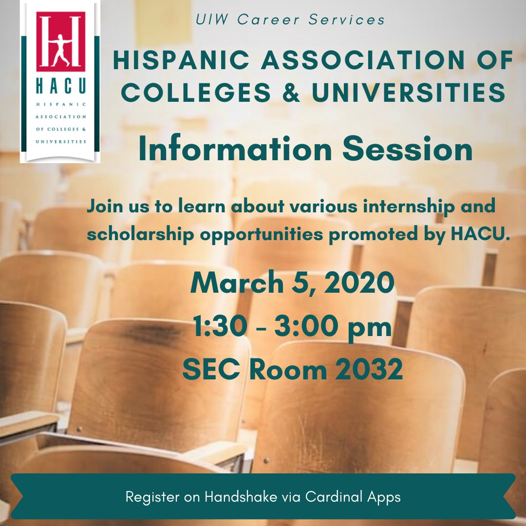uiwcareers's tweet image. Tomorrow! Join UIW Career Services and HACU to learn about various internship and scholarship opportunities. Register on Handshake today!