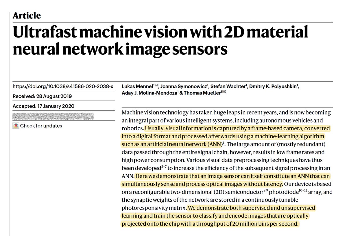 EricTopol's tweet photo. Dreaming of ultra-fast #AI machine vision at the edge?
Here it is, at 20 million bins/sec, with both supervised and unsupervised learning, via in-sensor, embedded computing 
https://t.co/5FWlDIWGub @nature by @tuvienna @univienna https://t.co/kf0wwQ76JF @NatureNV by Yang Chai https://t.co/31Vfy39XgF