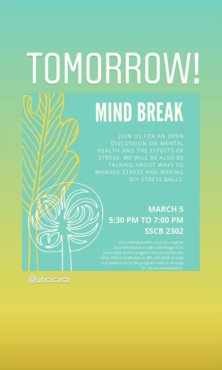 uhclcasa's tweet photo. What's up, Hawks? Our mental health event will be happening tomorrow at 5:30 PM in SSCB 2302. We'll be discussing the effects of stress on mental health and making DIY stress balls. Hope to see you there!!! https://t.co/OVBNzBtzaf