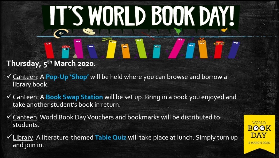 SLibraryBCC's tweet photo. It's World Book Day tomorrow!🎉 The school library will be celebrating by hosting various literacy initiatives throughout the day. #WorldBookDay 📚 https://t.co/RyEeXcZwFz