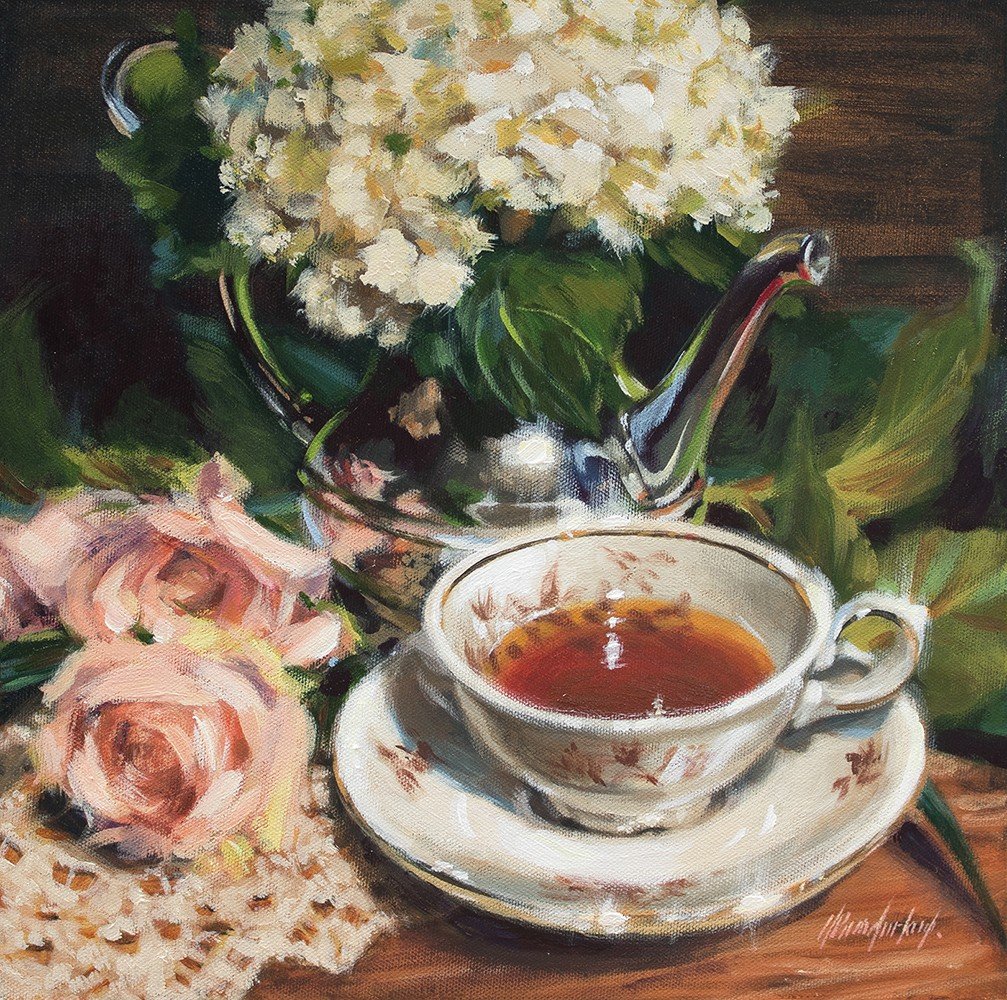 NOAPSociety's tweet photo. Sometimes inspiration arrives while sitting down for tea. Painting Credit: Angela Bandurka | Hydrangea Tea | 12x12 in  #NOAPS #stilllifepainting #realism #artgallery https://t.co/OyI44yZUVt