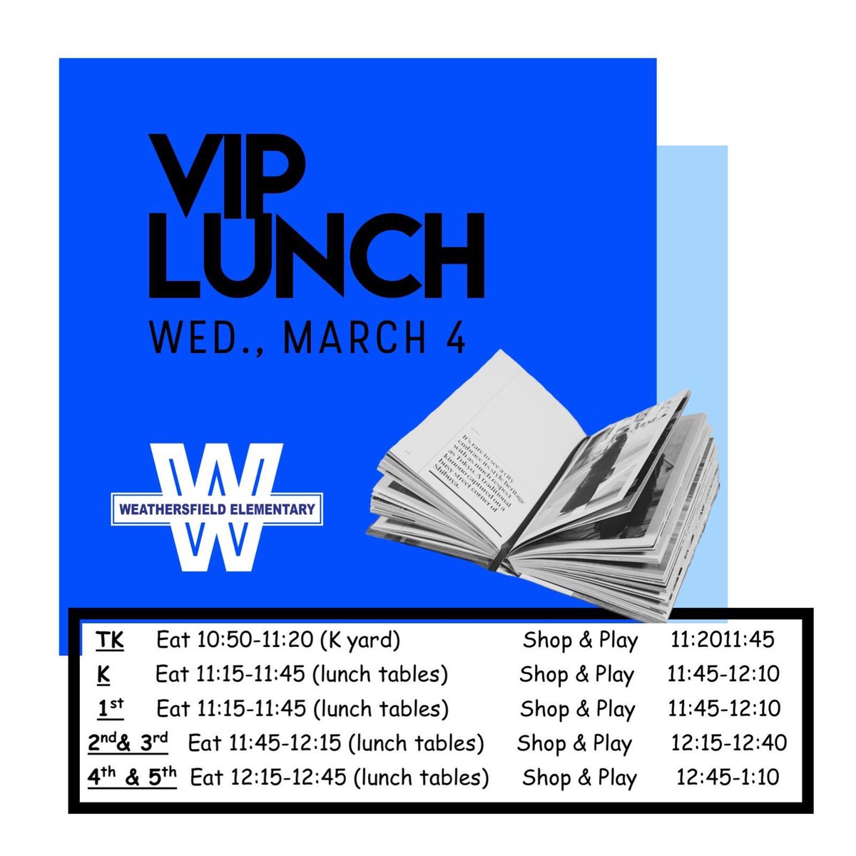 GoWeathersfield's tweet photo. We hope to see you today for our VIP lunch and book fair! See below for lunch and shopping times. π¦
β€οΈ π
#weathersfieldrocks #weathersfieldpta #theconejoway #goeagles #weareweathersfield #bookfair #VIPlunch @lauriesdavis @WthrsfldPTA https://t.co/tMaz5hoe8D