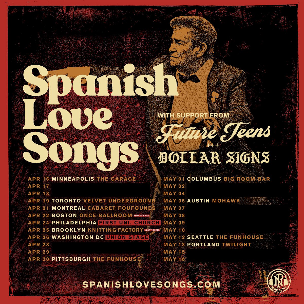 SpanishLuvSongs's tweet photo. Philly &amp; DC: due to demand we’re moving into bigger rooms, but you gotta do us a favor and fill them up so we don’t feel silly okay? Tickets at https://t.co/aKB3x05k2H https://t.co/mtyXl0UTf8