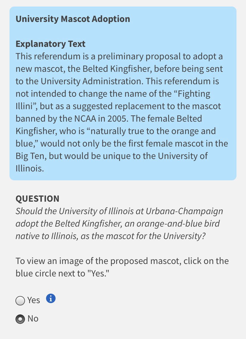 BarstoolILL's tweet image. Vote NO for the Kingfisher 👎🏼👎🏼

vote.illinois.edu