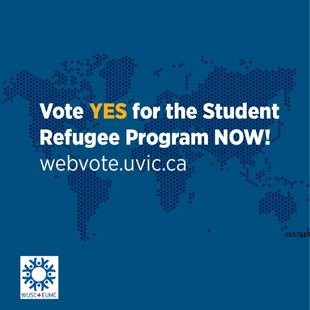 UVic_WUSC's tweet photo. *TODAY* until Friday (at noon), you can VOTE YES to support the @uvic Student Refugee Program! 🙌🏼 Voting takes just a few seconds at https://t.co/nE6dwmcKTe. 💙📚 #EducationIsARight  #uvic #uvss #uvsselections https://t.co/XP2arnDZw1