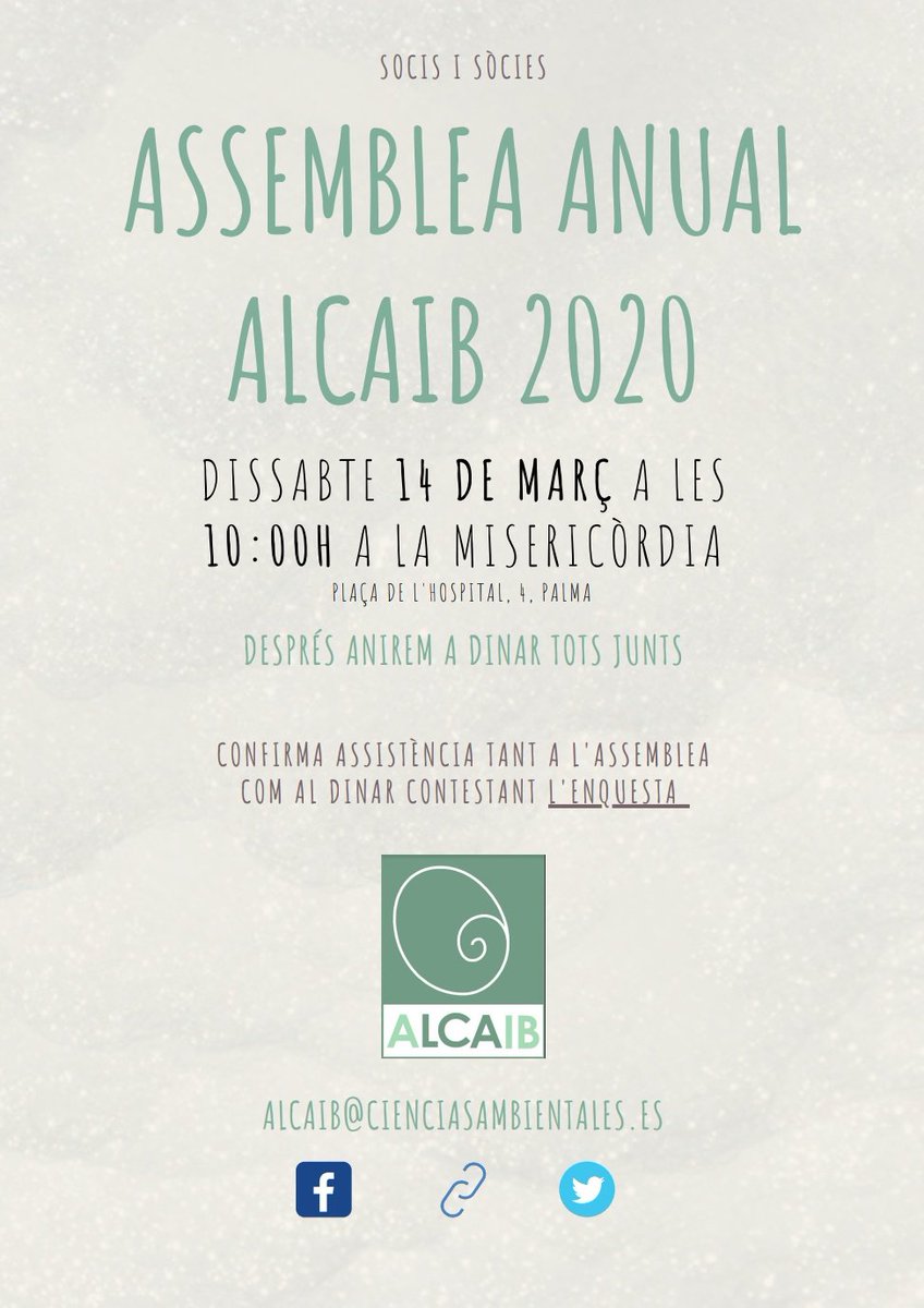ALCAIB_COAMBIB's tweet photo. 📢📢 Ja heu reservat la data?
El proper dissabte 1️⃣4️⃣ de març hi ha Assemblea Anual d'#ALCAIB
Memòria 2019 i debat sobre que hem de fer al 2020!
No vos ho perdeu, la vostra assistència és la clau!
👉 Confirma assistència! https://t.co/K4HMUiYcUp
#SomAlcaib https://t.co/XGFVzXGEBR