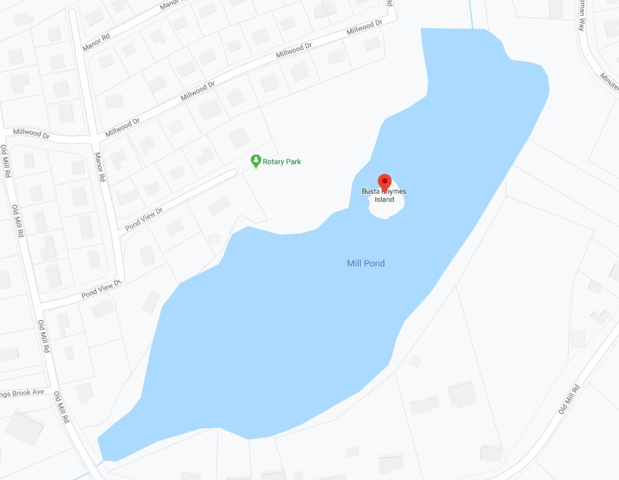 OnlyInBOS's tweet photo. An island on Mill Pond in Shrewsbury is unofficially called Busta Rhymes Island.

The island measures 40 by 40 feet.

The federal government does not officially recognize the name.

Have a nice day. https://t.co/qJFG3OmJxA