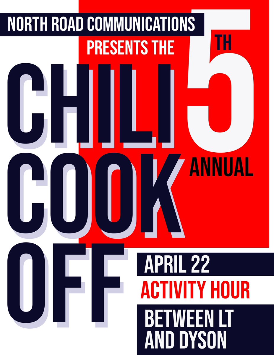 NorthRoadComm's tweet photo. NRC is excited to announce our 5th annual Chili Cookoff on April 22 from 12-2! Join us for a day of spicy competition 🔥
If your club or team is interested in participating, shoot us a DM or email us at northroadcomm@gmail.com
#doinghelpinglearning https://t.co/uYnBLME25I