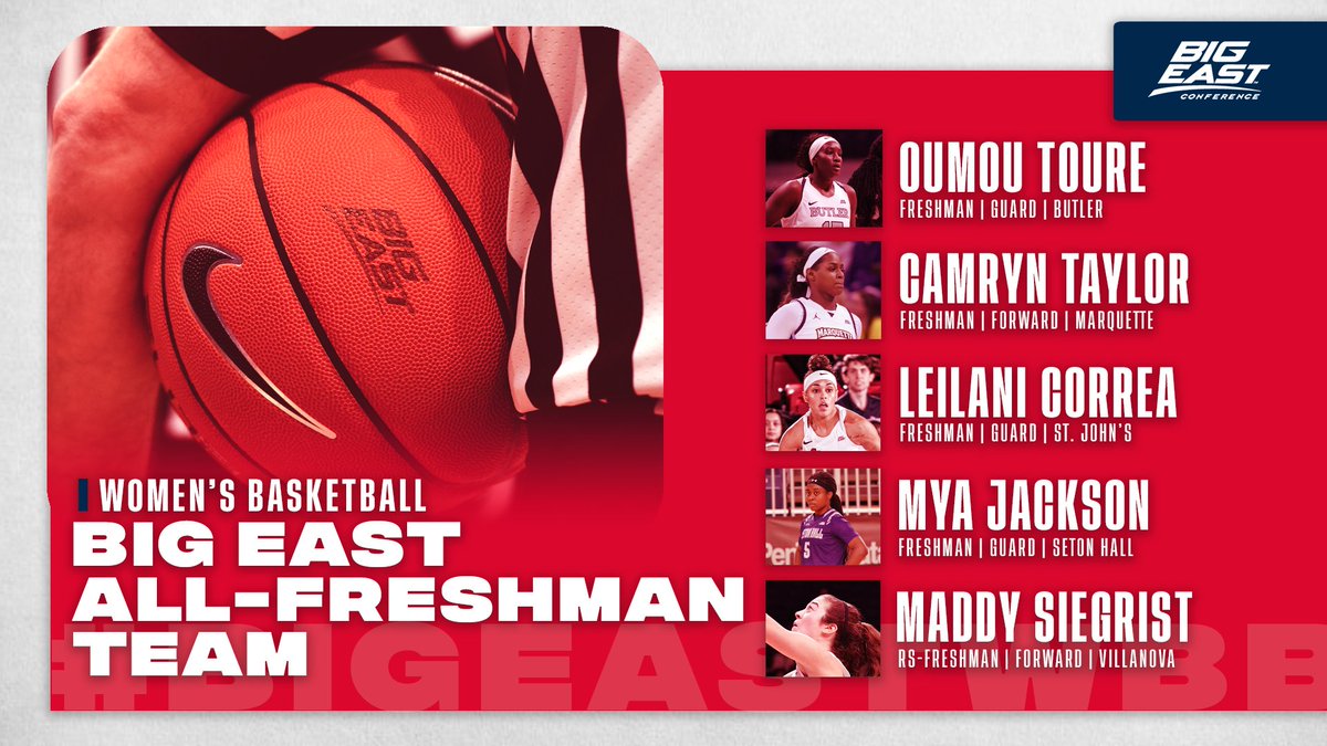 BIGEASTWBB's tweet photo. We kick off our #BIGEASTwbb Awards with the All-Freshman team! 

These rookies can 𝙋𝙇𝘼𝙔. https://t.co/FiroCO7pIn