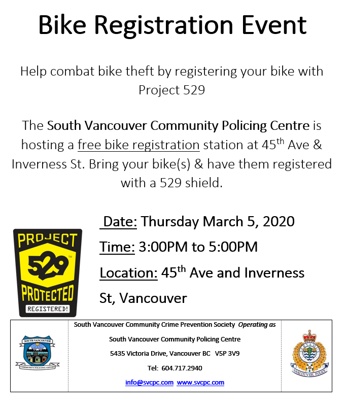 svcpc's tweet image. Just a reminder! @svcpc will be hosting a @Project529BC
 Bike Registration Event Thursday March 5 from 3:00pm to 5:00pm corner of 45th ave &amp;amp; Inverness St @VancouverPD
 @CityofVancouver #project529 #bike #endbiketheft #communitypolicing #volunteers