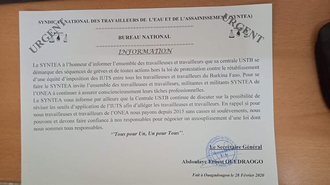 emmanutapsoba's tweet photo. #Burkina : Le Syndicat national des travailleurs de l’eau et de l’assainissement #SYNTEA se démarque des séquences de grèves et de toute actions hors la loi de protestation contre le rétablissement d’une équité d’imposition des #IUTS https://t.co/SKb32QqelM