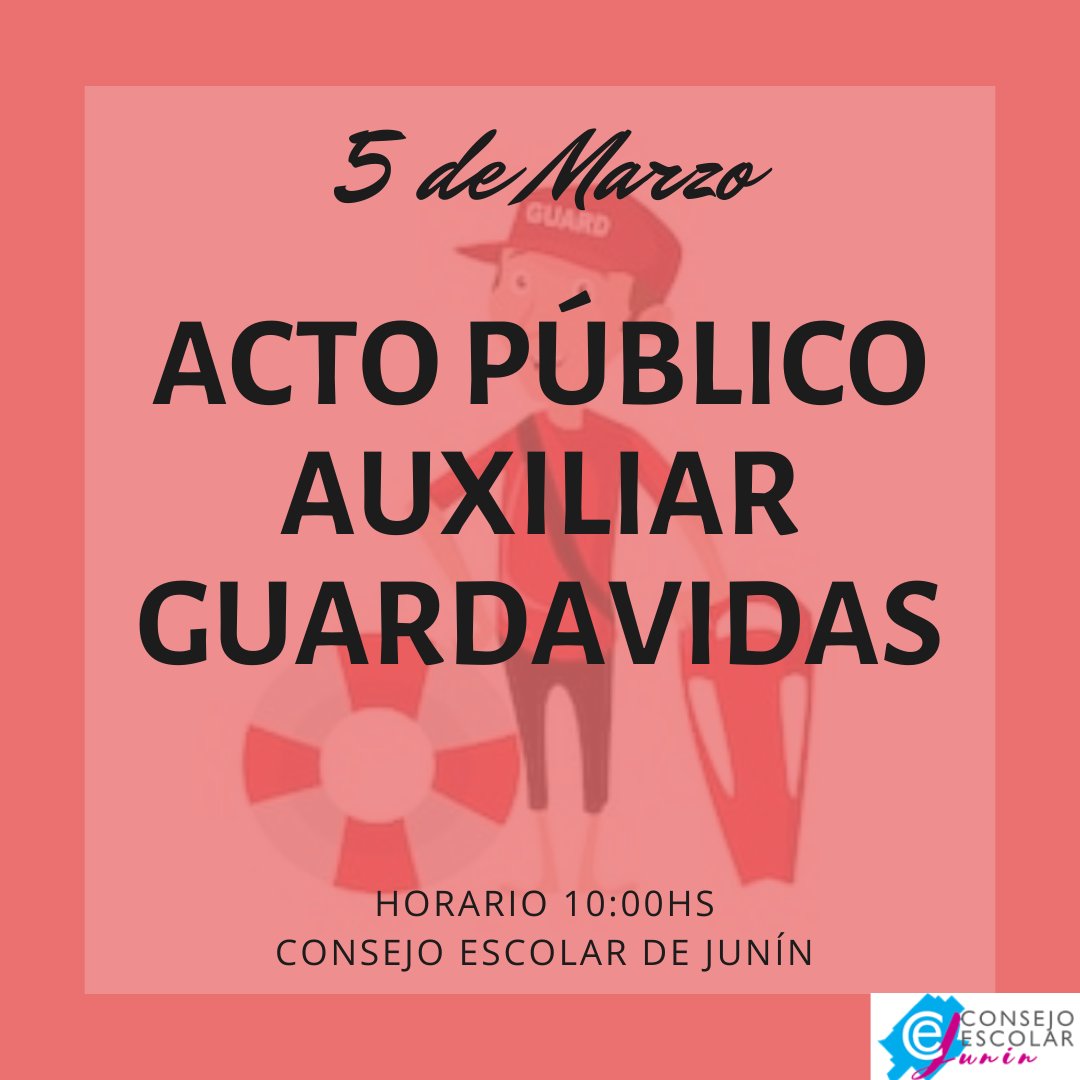 ce_junin's tweet photo. ACTO PÚBLICO DE AUXILIARES GUARDAVIDAS ❗

Consejo Escolar de Junín informa que mañana jueves 5 de marzo a las 10:00hs en sede de Consejo Escolar de Junín se realizará el acto público para auxiliares guardavidas.

¡Los esperamos! https://t.co/alZLJewJPN