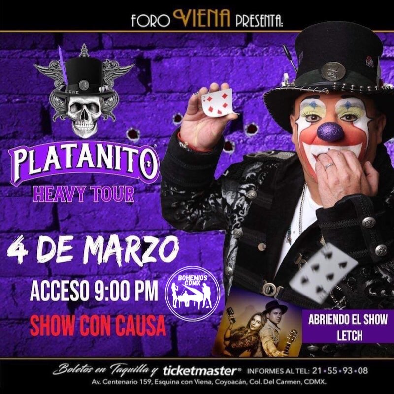 bohemioscdmx's tweet photo. ¡Hoy! / @PlatanitoShowMx  - En @ForoVienaMx . Todos Con Mabel: No te pierdas #PlatanitoHeavyTour con el propósito de recaudar dinero para una buena causa. Además, tendremos a Letch. Obtén tus boletos en las taquillas de #foroviena #Bohemioscdmx #Eventoscdmx #Carteleracdmx #cdmx https://t.co/4FAStrrx0H