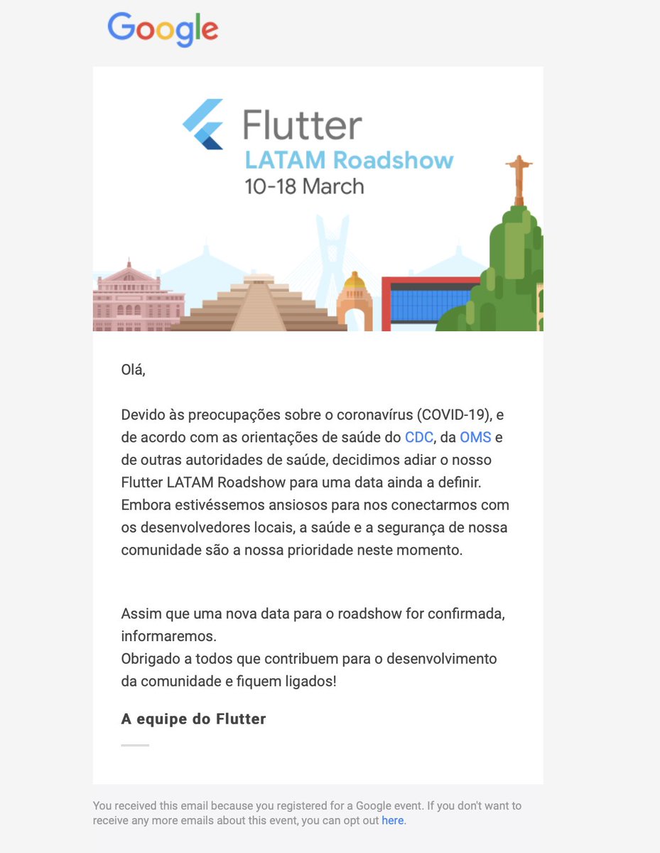 RodrTrindade's tweet image. A conferência Oficial da Google | Flutter LATAM Roadshow será adiada devido as recomendações CDC e OMS #covid19 #coronavirus #flutterconference #flutter #dev