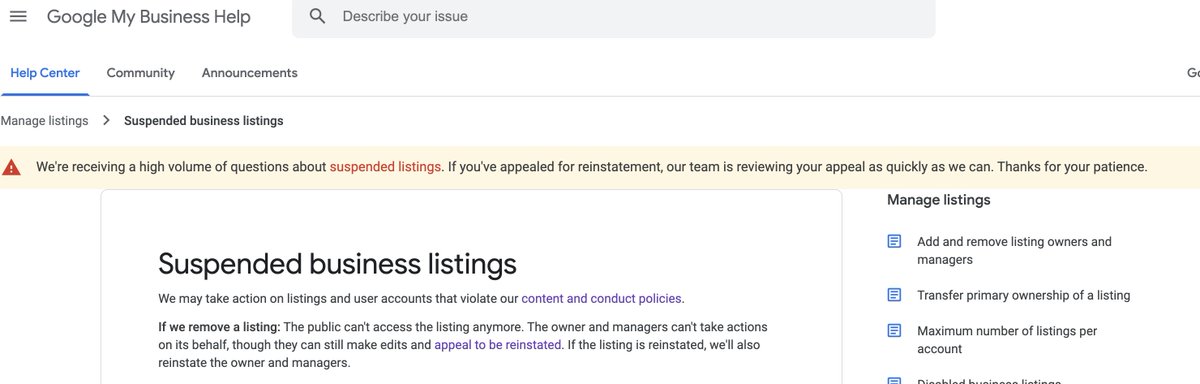 WitBlade's tweet photo. @JohnMu wondering if you have any update on what appears to be an influx of suspended local business listings.

I have a new client in distress (mom&amp;pop shop) as theirs has been shut off for over a week with no calls coming in. https://t.co/ZSmitGbLOh