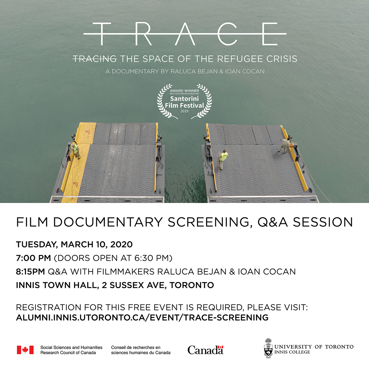 tracedoc's tweet photo. Trace is screening at Innis Town Hall, 2 Sussex Ave, Toronto.
Tuesday, March 10, 2020 @ 7:00 pm - 9:00 pm

7:00 pm (doors open at 6:30 pm)
8:15pm Q&amp;A with filmmakers Raluca Bejan &amp; Ioan Cocan

Registration for this free event is required, please visit:
https://t.co/ba079fJemf https://t.co/NtWoxJaD4J
