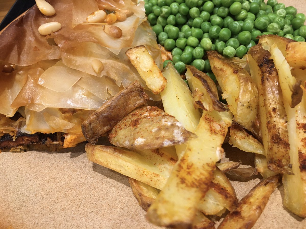 CookandButcher's tweet photo. As it’s #nationalpieweek, Mrs C decided to make a chicken &amp; chorizo filo pie 🥧 
Alongside home made chips &amp; peas 👍👍👍 https://t.co/GkJCmqOBN4