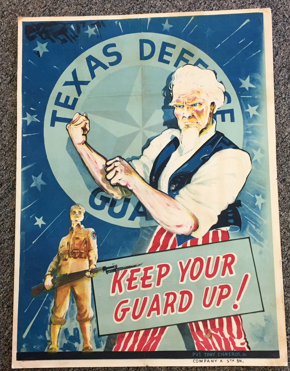 TMFMuseum's tweet photo. "Keep your Guard Up"  This 1940-1942 poster from the Texas Defense Guard, which would later become the Texas State Guard, features a fighting "Uncle Sam" He looks like he is ready to go a few rounds. #WednesdayVibes #WednesdayWisdom #texasstrong #texasstateguard https://t.co/BeE0lixLvQ