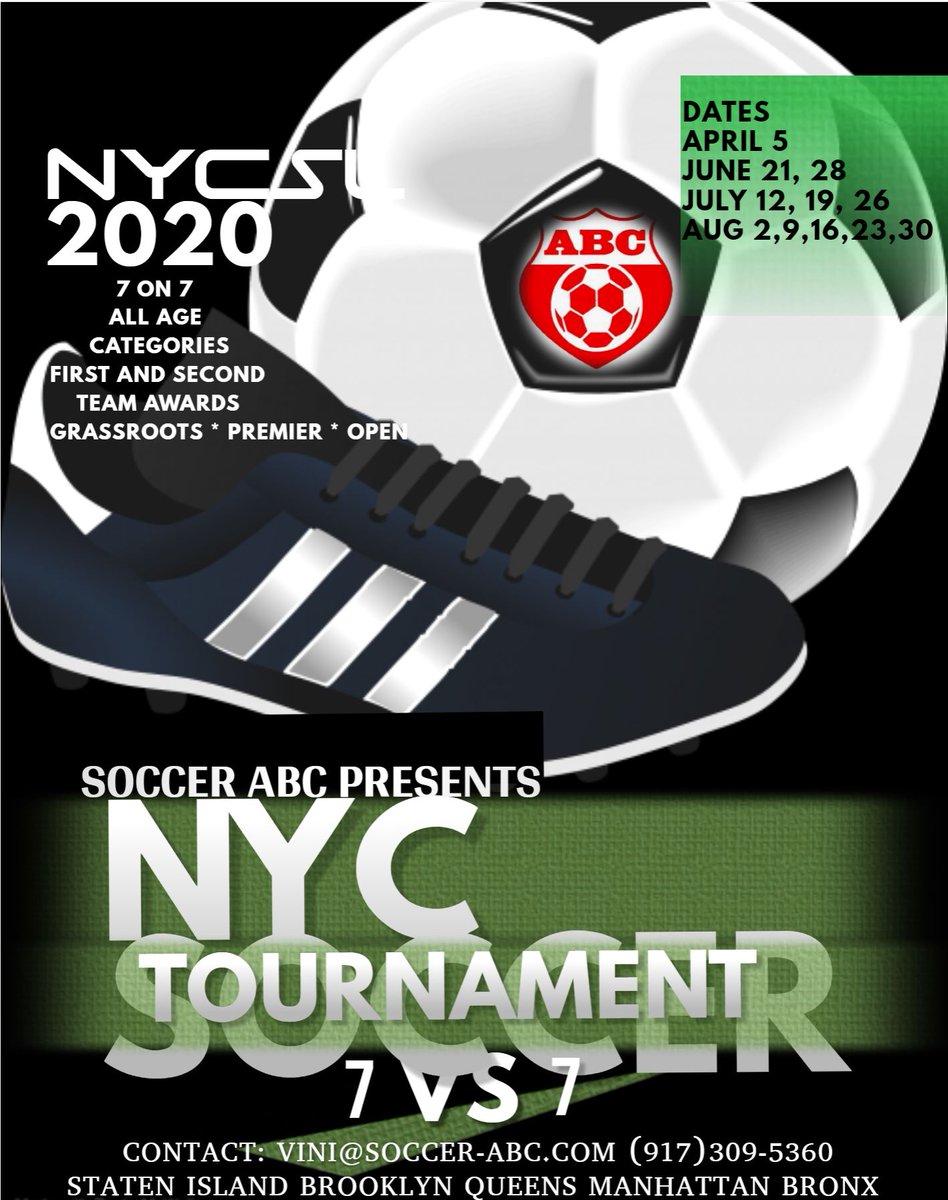 NYCSoccerLeague's tweet photo. April 05 NYC Tournament 7v7, 1st &amp; 2nd Place Team Awards. All age categories. Looking for Girls 19U, 15U, Boys 6U, 8U, 10U, 13U, 16U, 19U 
Hosted by Soccer ABC, an NYCSL league member.
contact vini@soccer-abc.com or info@nycsl.com for application. https://t.co/ER87kvP2t8
