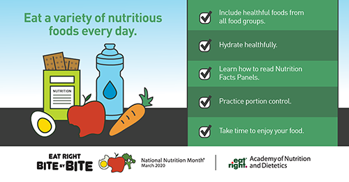 March is #NationalNutritionMonth and this year’s focus is eating right bite by bite. One way you can up your nutrition game is by eating a variety of nutritious foods. Try to include foods from all food groups at each meal. Learn more tricks at: buff.ly/2wndAat