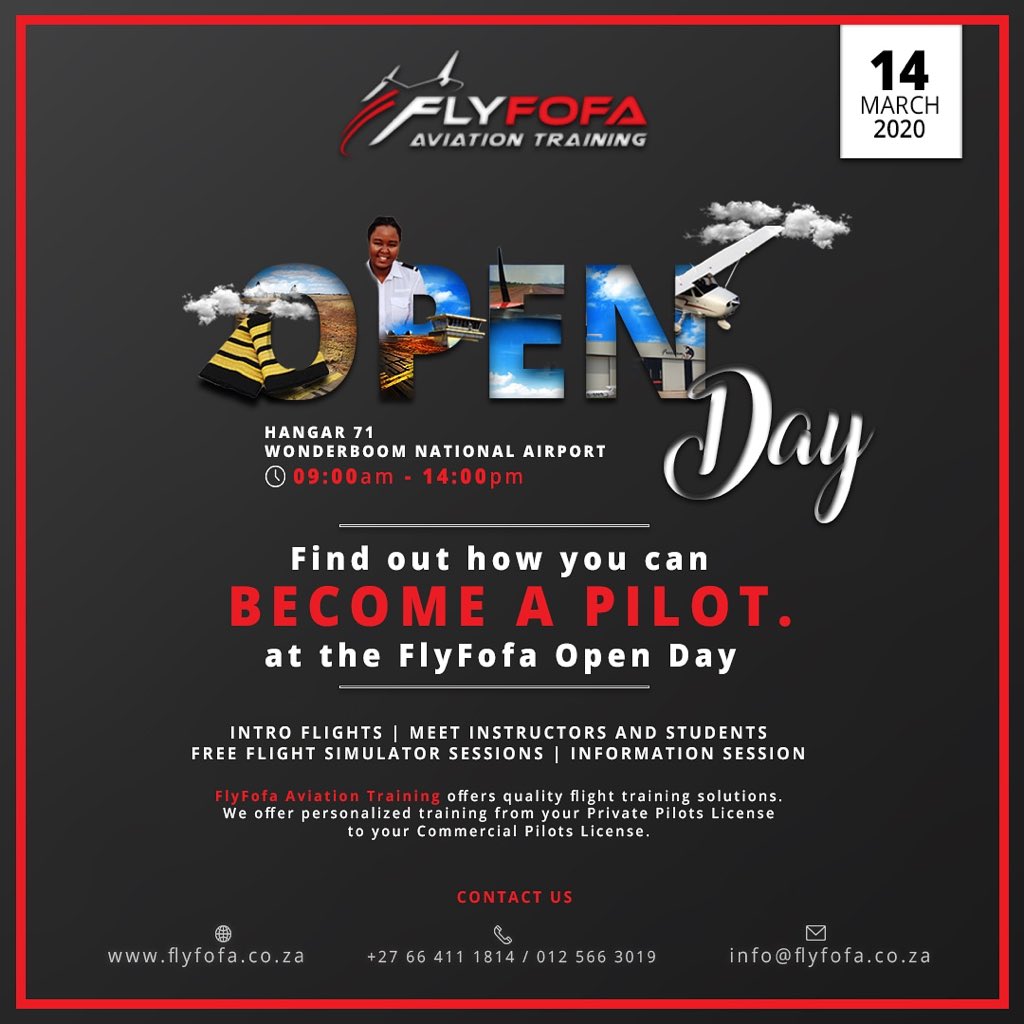 Aviation_ADA's tweet photo. Ever wondered how you can become a pilot? Well here is an informative day planned to give you insightful tips and information on how to take to the skies! Join Fly Fofa Training on:
📆 14 March 2020
📍 Wonderboom National Airport
📨 DM us @FlyFofaAviation
#pilot #FlyFofa https://t.co/UBnp5piYqS