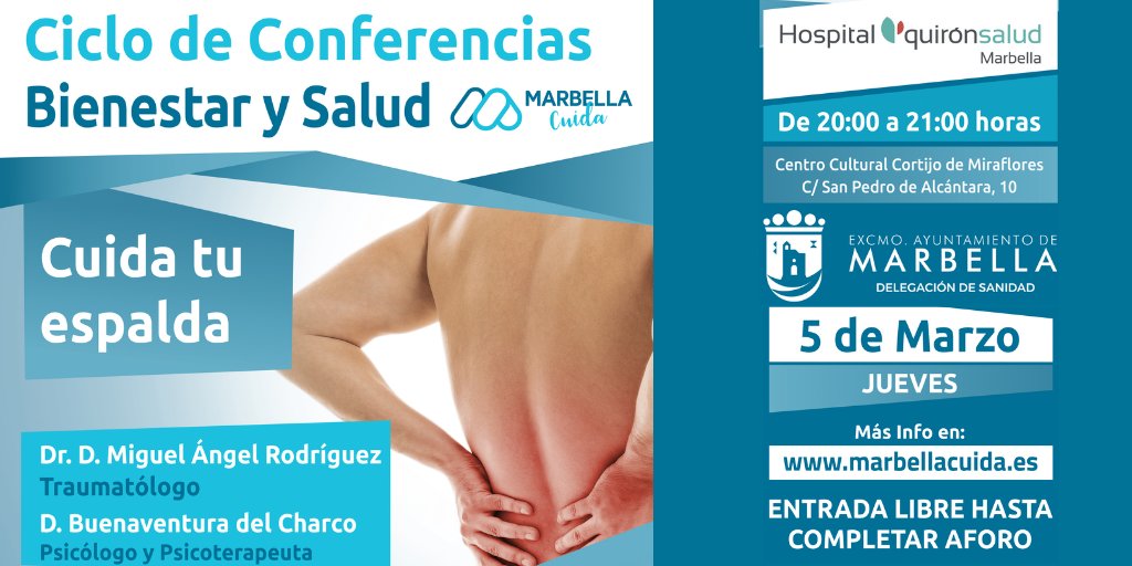 MarbellaCuida's tweet photo. Estáis a tiempo de uniros mañana a la charla "Cuida tu Espalda" con el Dr. M. Ángel Rodriguez de @quironsalud #quironsaludmarbella y Buenaventura del Charco nos darán consejos para cuidar la espalda
@Ayto_Marbella @AngelesMunoz_ @DTeralEVENTOS @LisandroVieytes 
#marbellacuida2020 https://t.co/IObWbvJLrc