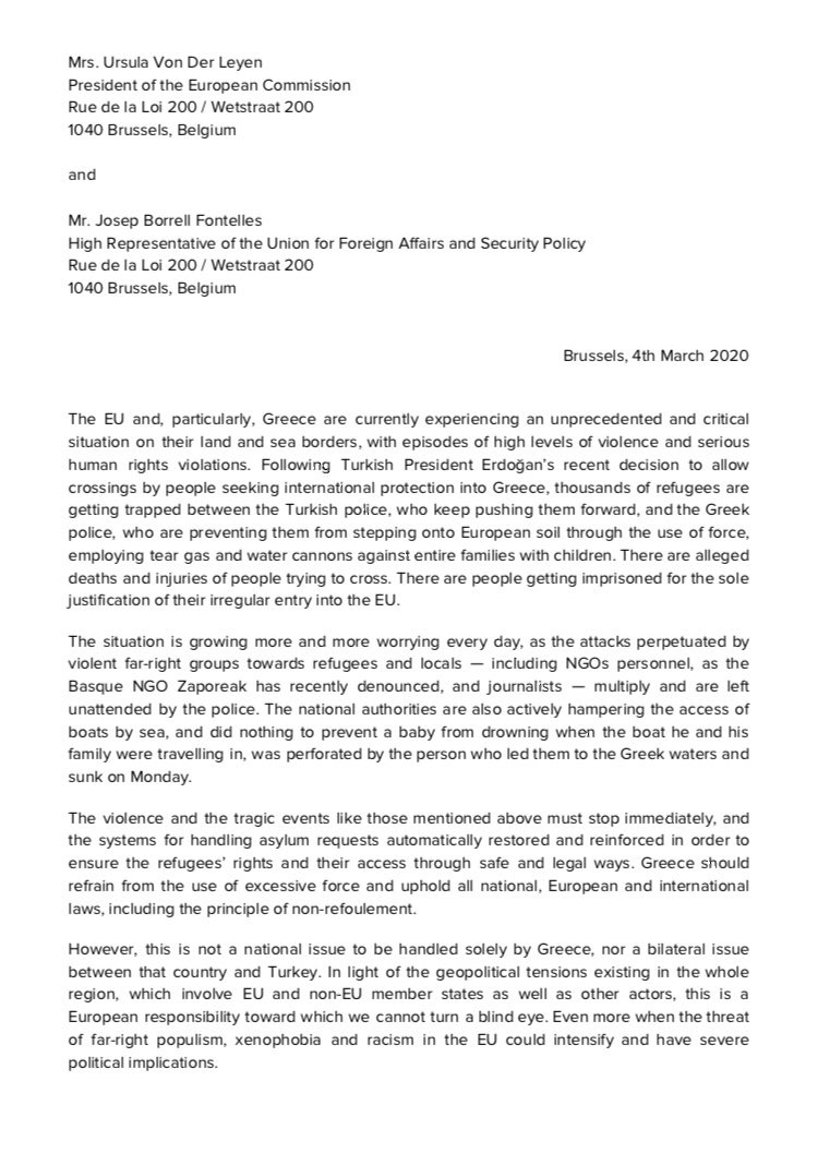 IdoiaVR's tweet photo. Solicitamos a la presidenta de la comisión europea y al alto representante de exteriores: que rechacen firmemente el chantaje de Turquía, activen las directivas de protección temporal y
restablezcan el derecho humanitario desde Europa. 

Los DH ni se suspenden, ni se negocian #UE https://t.co/EdGepnz4UC