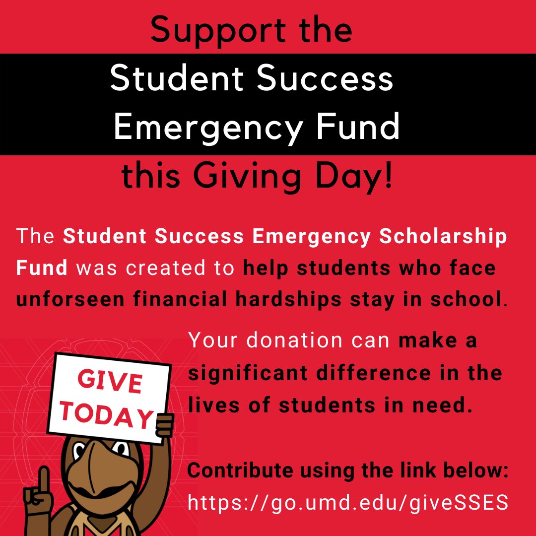 SSLC_UMD's tweet photo. Happy #GivingDayUMD! Help support Terps in need by donating to the Student Success Emergency Scholarship Fund.

Your contribution can mean the difference between a student graduating or withdrawing early. 

Give today at https://t.co/9LvD7bSYlY https://t.co/12GiyyptgZ