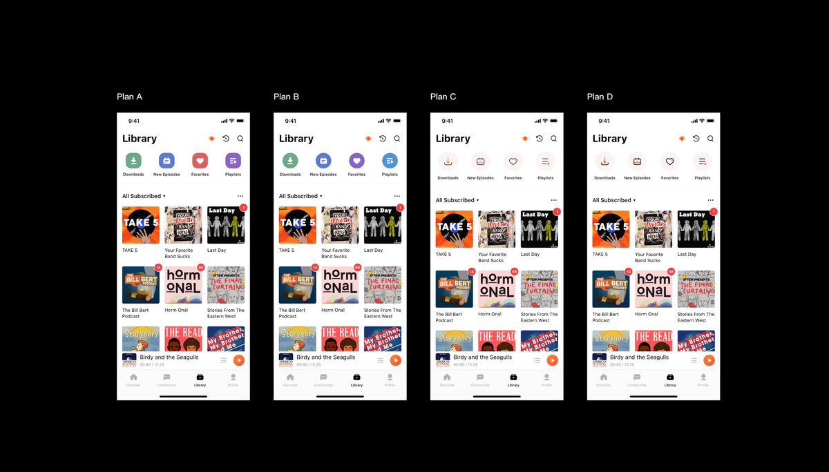 Castbox_fm's tweet photo. Hiya, #Castbox users! We want to make sure that you continue to LOVE our app so we're seeking your feedback. 

We're making some changes to the #library tab of our app. And we wanna know: WHICH DESIGN DO YOU LIKE BEST?

Please reply with A, B, C, or D.

THANK YOU! https://t.co/6BZpLM9ngR
