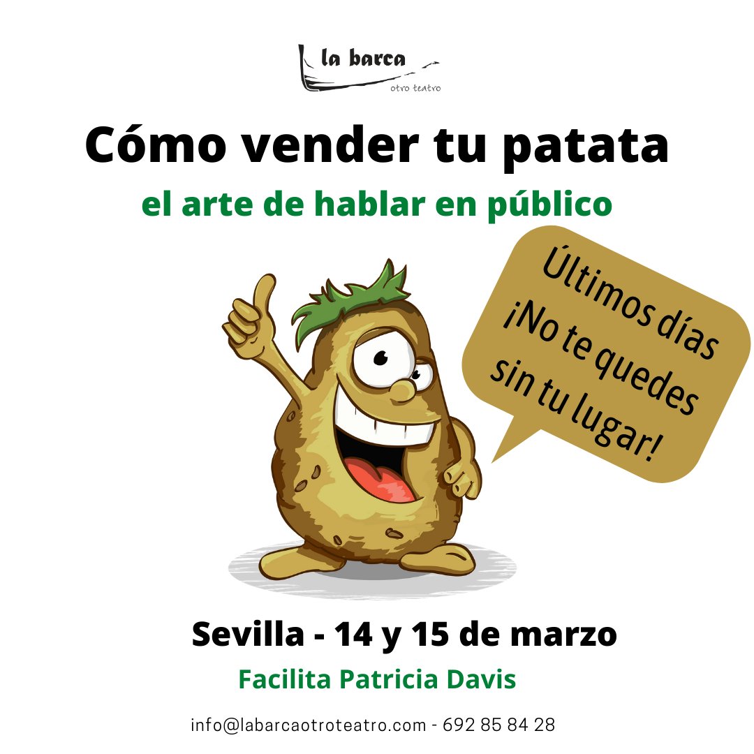 Labarca's tweet photo. ¡La fecha que es y la patata sin vender!
Todavía estás a tiempo de inscribirte.
Si te da miedo hablar en público, eres docente o necesitas comunicar ideas ante otras personas, este taller es para ti.

#hablarenpublico
#oratoria
#soydocente
https://t.co/q9CaMiy78N https://t.co/475XKDv7II