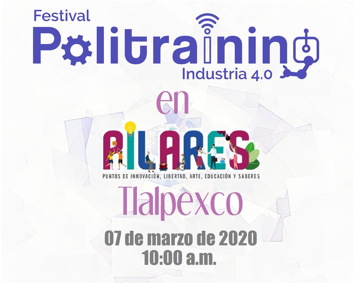 politraining's tweet photo. ⏰ #Politraining en #PILARES Tlalpexco, 04 de marzo de 2020, 10:00 am. ⏰
Talleres GRATUITOS de 🤖 #Robótica 🤖 para niños y jóvenes de 10 a 29 años.
🖥️ Inscríbete en https://t.co/u9C3lkmZz4
@Upiita_Ipn @SECTEI_CDMX @Claudiashein @CanalOnceTV @canalcatorcemx @tveducativamx https://t.co/REBXCZTDGt
