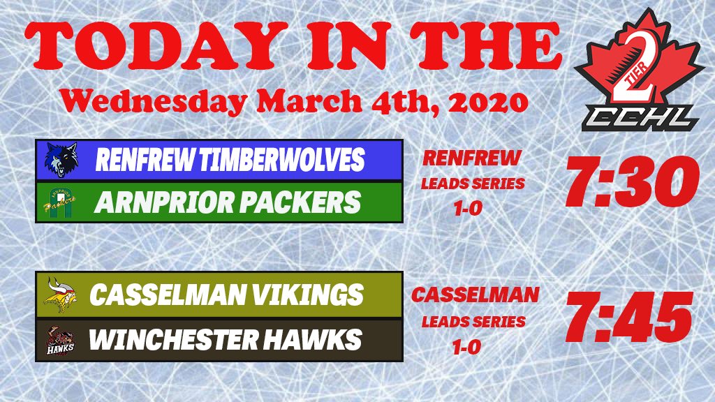 PLAYOFF GAMEDAY | The wild card series continues tonight with Arnprior and Winchester facing elimination. #CCHL2Playoffs