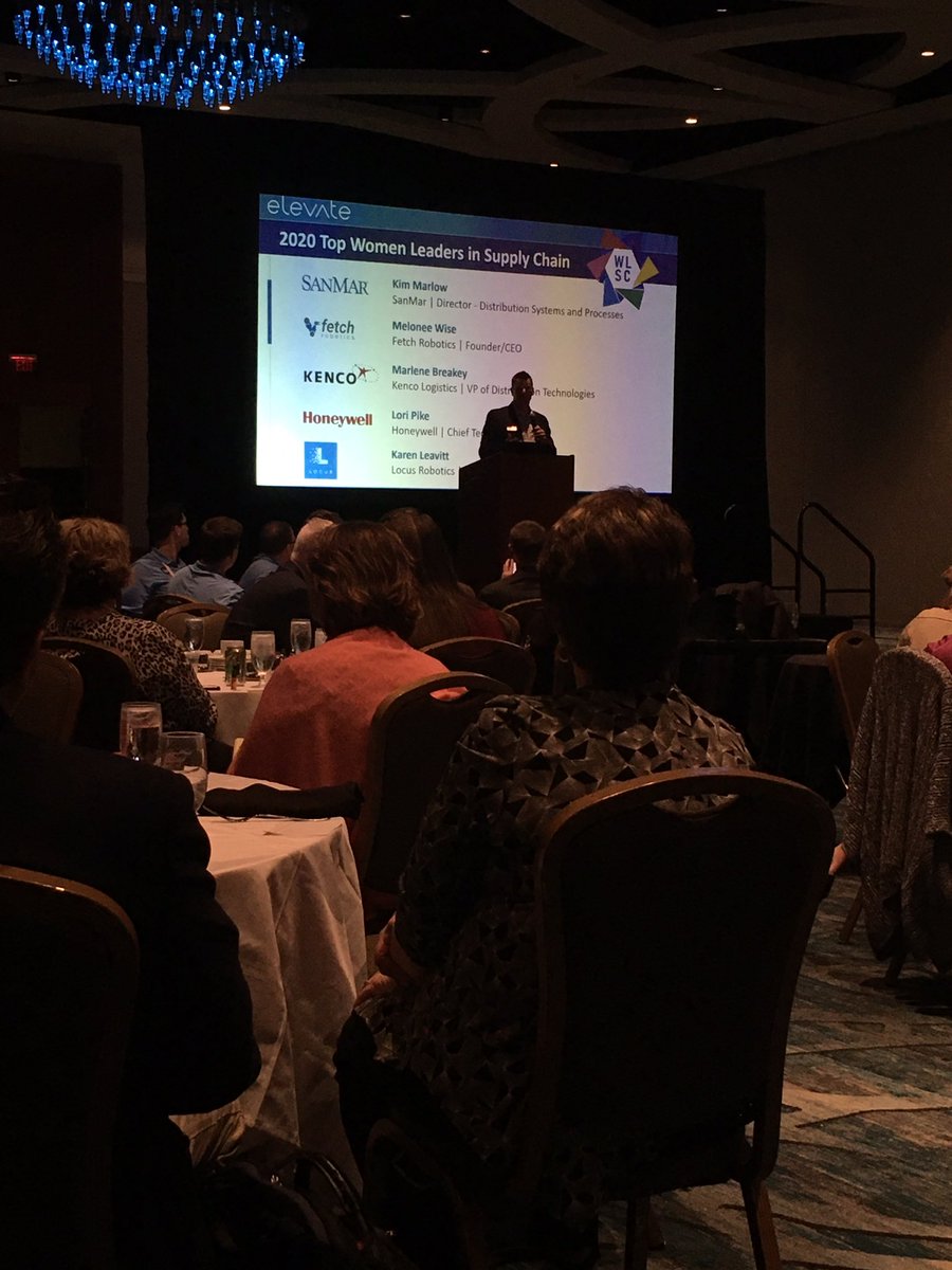 DCVelocity's tweet photo. .@highjump CEO Chad Collins announces Women Leaders in Supply Chain award winners, from @sanmar_corp @FetchRobotics @KencoGroup @honeywell @LocusRobotics. #highjumpelevate https://t.co/WZHv4WKIf3
