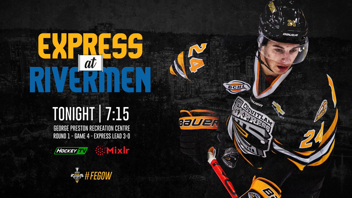 BCHLExpress's tweet photo. IT'S GAMEDAY!
We can wrap up our 1st round series tonight with a win in Langley. Express fans invaded the Lodge last night, we hope to see y'all there again!
🕒: 7:15pm
📍: George Preston Rec Centre
🖥️: https://t.co/JGKk9Lc5Xa
🎙️: https://t.co/i9zIBDNE2x
#BCHLPlayoffs | #FEGOW https://t.co/xZMRUH0t6t