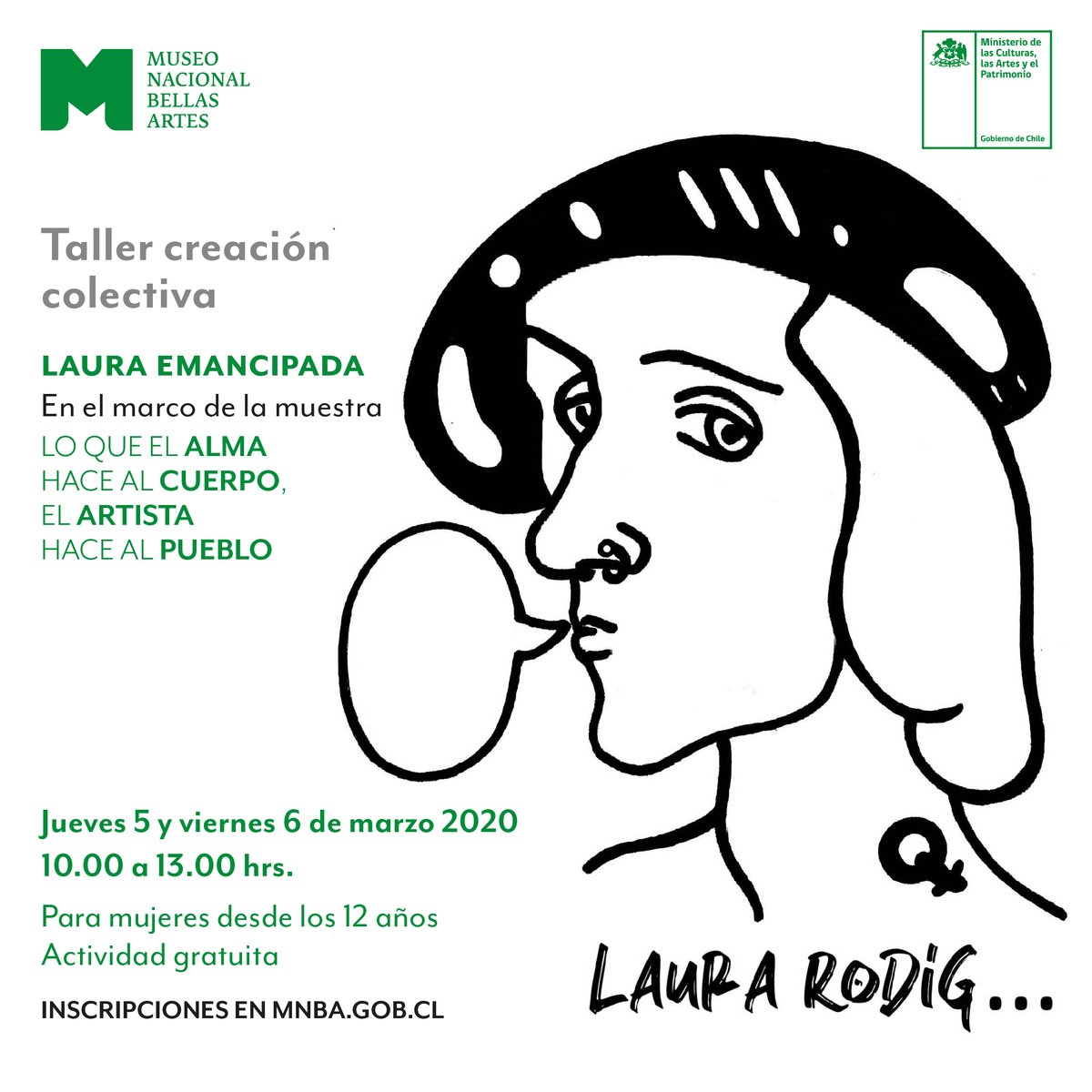MNBAChile's tweet photo. ¡No lo olvides! Esta semana el Museo invita a las mujeres a conmemorar su día con dos actividades #gratis en torno a la muestra de #LauraRodig
➡️Jueves 5 y viernes 6: taller “Laura Emancipada”. Inscripciones: https://t.co/1BBxpxOc0W
➡️Domingo 8: visita guiada a la exposición https://t.co/zpOFFHopJJ