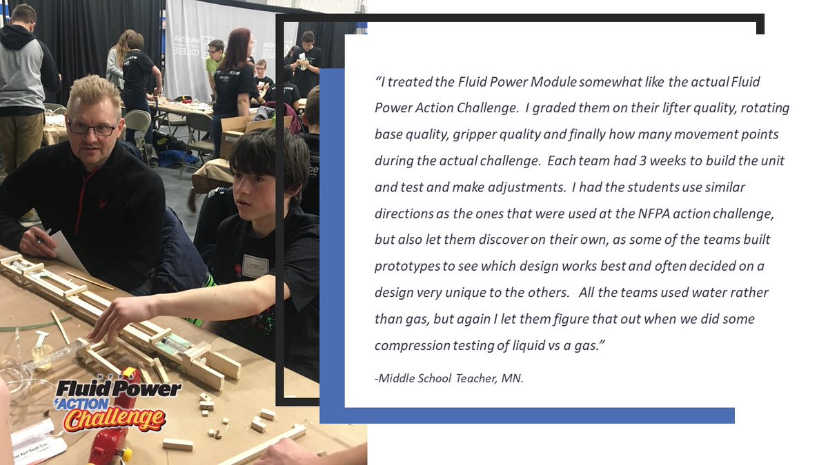 TheNFPA's tweet photo. The #FluidPowerActionChallenge provides #middleschool classrooms with #STEM curriculum that suits a variety of needs. Learn more about the program:
https://t.co/uDGNdSiPQ5 https://t.co/R7qZ4PGxXE