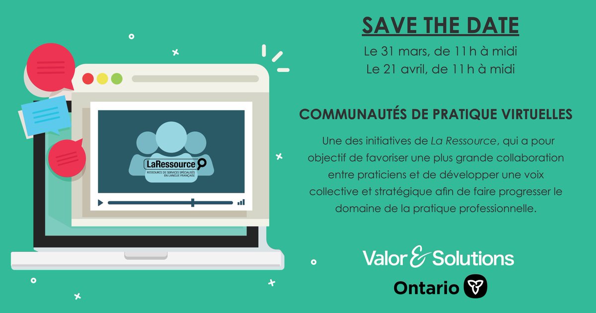 ressource_la's tweet photo. Save the Date!  Communautés de pratique virtuelles avec La Ressource. 
Le 31 mars et le 21 avril 2020, de 11 h à midi. 
Une initiative enrichissante et interactive, en FRANÇAIS, afin d'améliorer les connaissances et les compétences des praticiens et des organismes. https://t.co/a5UL3ZOsjI