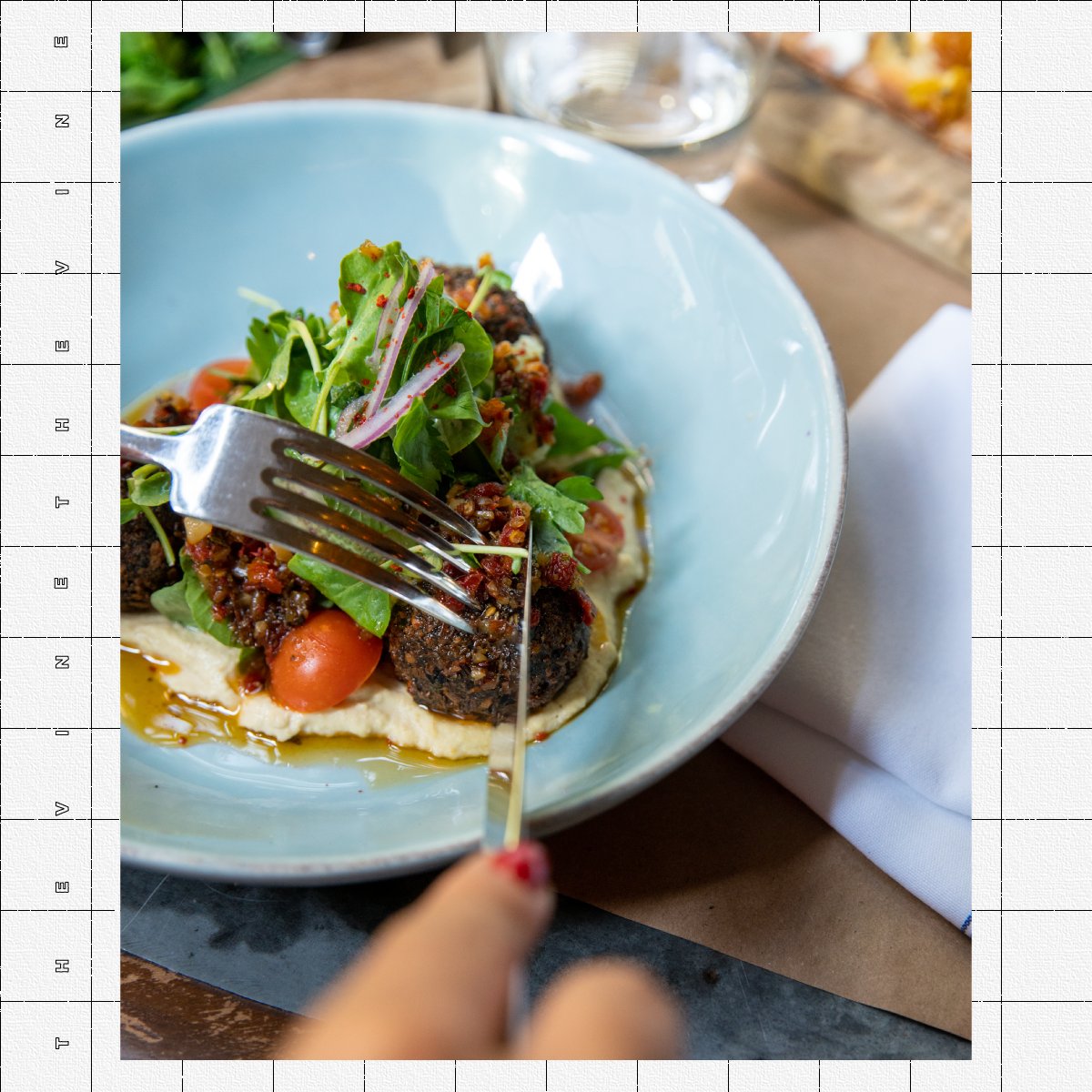 Bite into wellness // Kale Falafel, hummus + spicy yogurt + sundried tomato gremolata