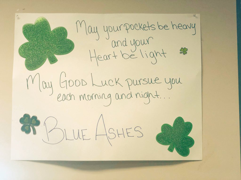 BlueAshes5's tweet photo. Blue Ashes turn green this month for #StPatricksDay #bestteamever #luckoftheirish #heavypocketslighthearts #fourleafclover #HNCC https://t.co/FJk4E3Tzpv