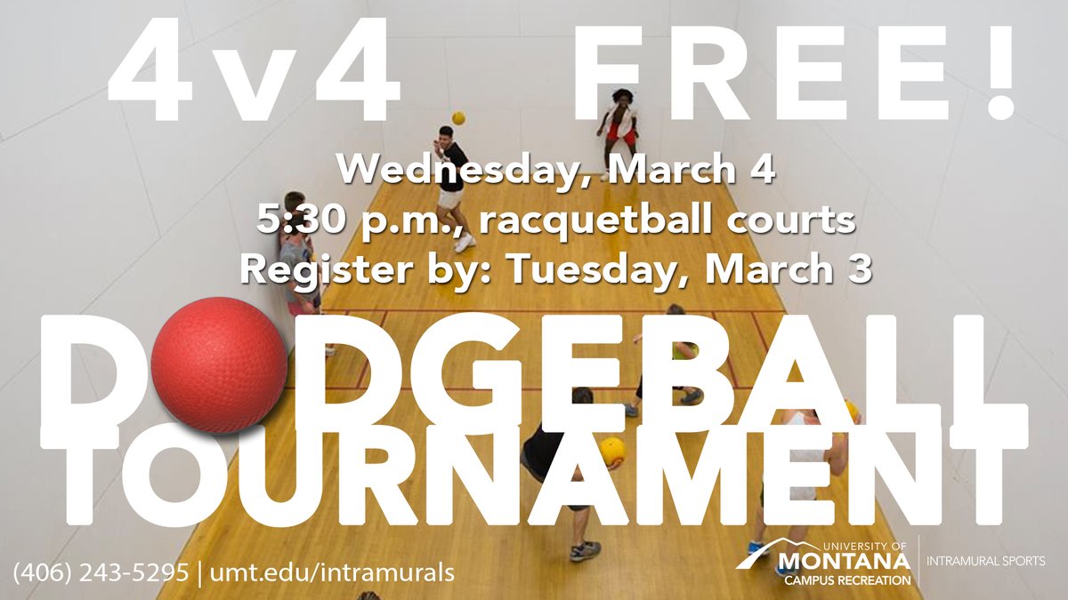 umontcampusrec's tweet photo. If you haven't registered already, we're taking walk-up registrations before tonight's Dodgeball Tournament! Be there! https://t.co/xsTVVm8TL1
