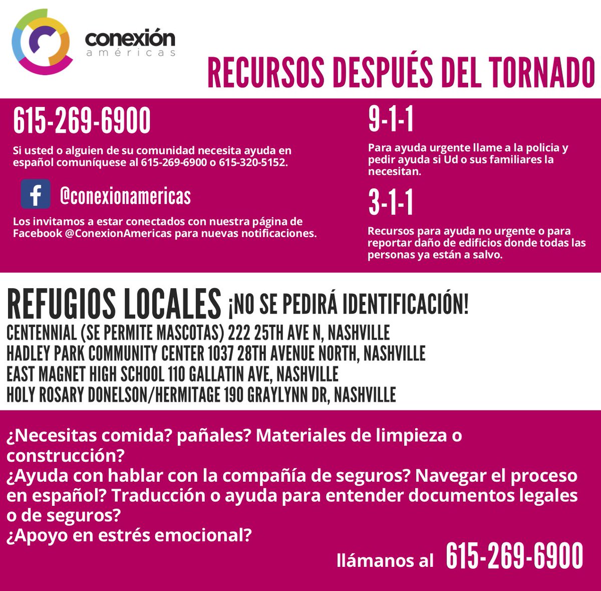 conexion_tn's tweet photo. Please share with any community members who may need resources or help in Spanish. 615-269-6900 https://t.co/z8wumCsE57