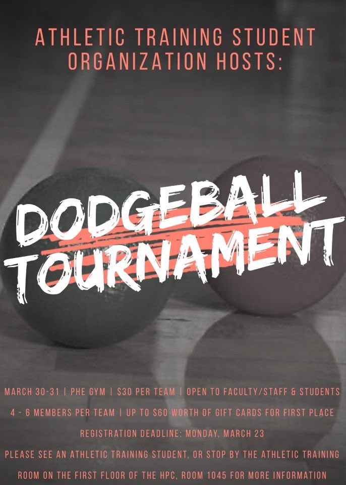 atsouttyler's tweet photo. Please join us as the Athletic Training Student Organization hosts a dodgeball tournament. Contact our President Jordan,
jhyman@patriots.uttyler.edu, and/or our VP Diamond, @dtralar@patriots.uttyler.edu for more information to sign up. Payment is due at the time of registration. https://t.co/hH7Q30BvCk