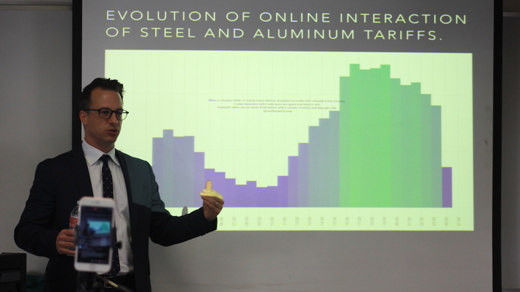 PublicDiplomacy's tweet photo. .@jcboucher1’s research includes analysis of online conversations around steel and aluminum tariffs around March 2018 ⬇️📊
#ascj #CPDEngage #MachineLearning @FulbrightCanada https://t.co/grdBUlw6d5