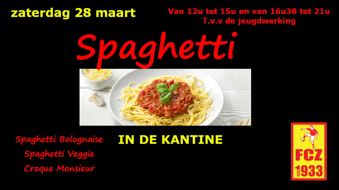 FCZemst's tweet photo. @FCZemst Welkom op onze jaarlijkse Spaghetti-dag op zaterdag 28 maart https://t.co/sXgTxz7b4M