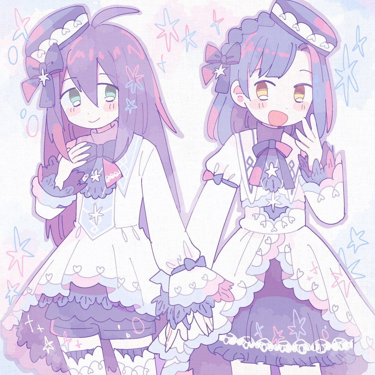 mochizuki anna multiple girls 2girls smile hat long hair bow purple hair  illustration images